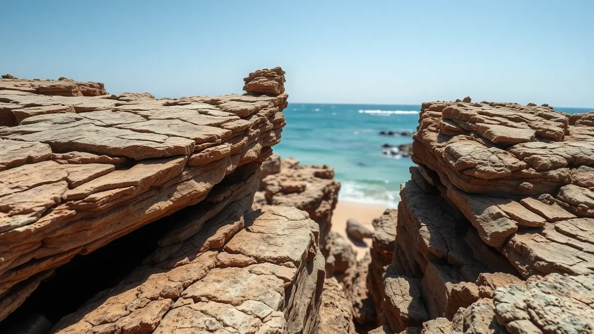 Image of a geological route on the coast of Torrevieja, with rock formations and La Mata lagoon in the background.