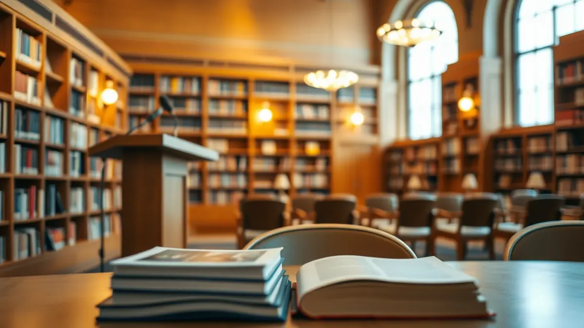 Imatge genèrica d'una sala de lectura amb llibres i un micròfon, evocant un ambient literari.