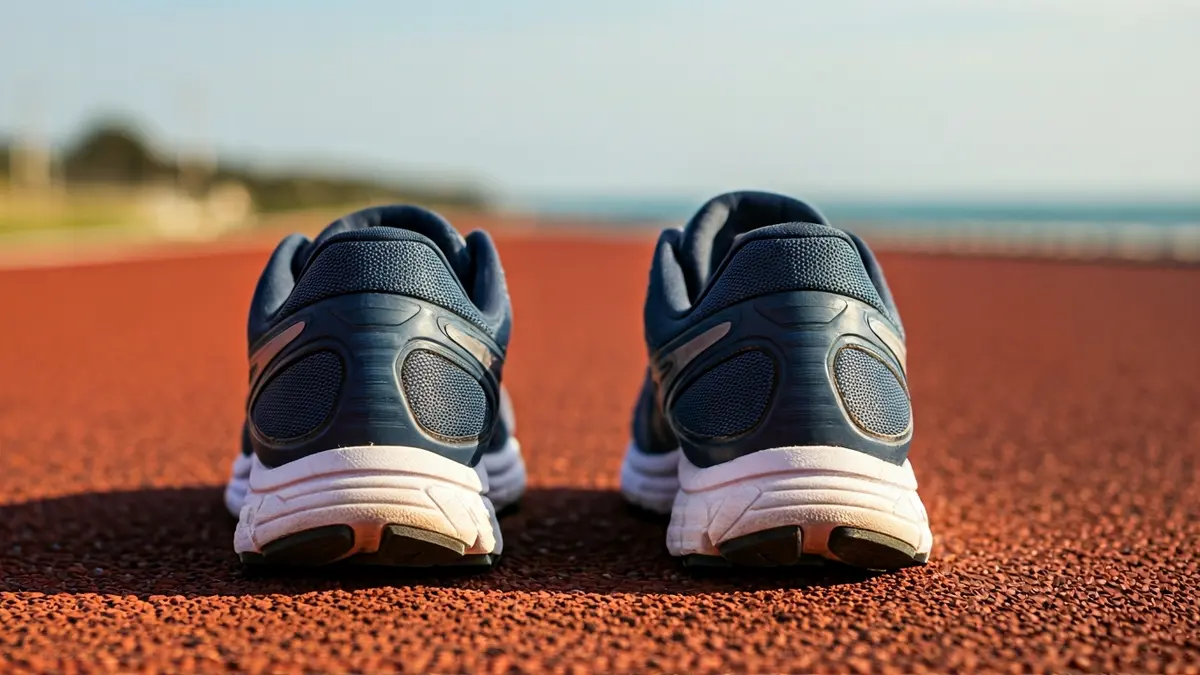 Generic image of running shoes on an athletic track with a coastal background.