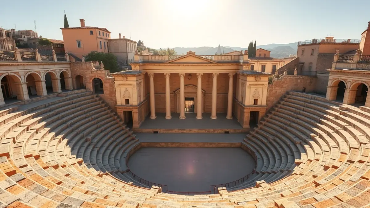 Image of the Roman Theater of Sagunto, with the afternoon sunlight illuminating the stone stage.