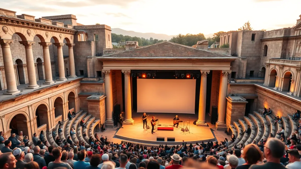 Imatge d'un teatre romà antic amb una posada en escena moderna per a un esdeveniment cultural.