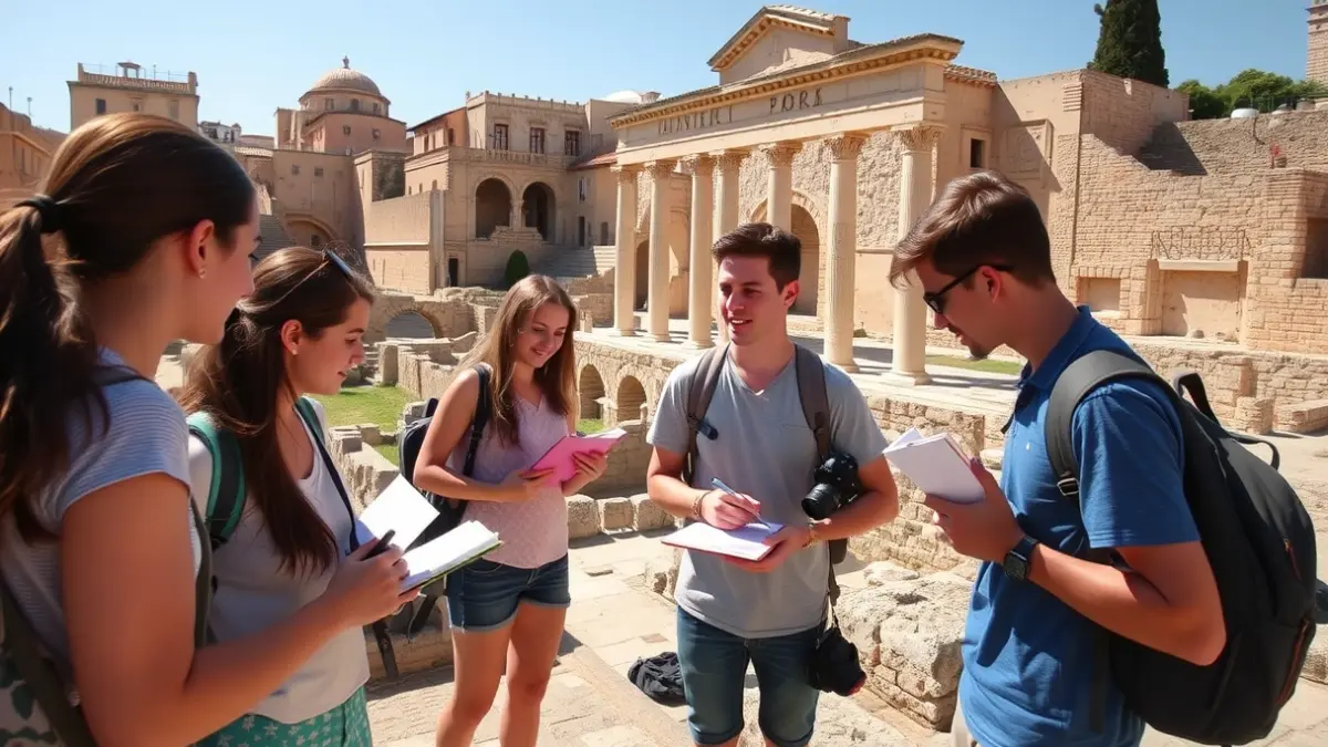Estudiants internacionals visiten els monuments de Sagunt per a conéixer la seua conservació.