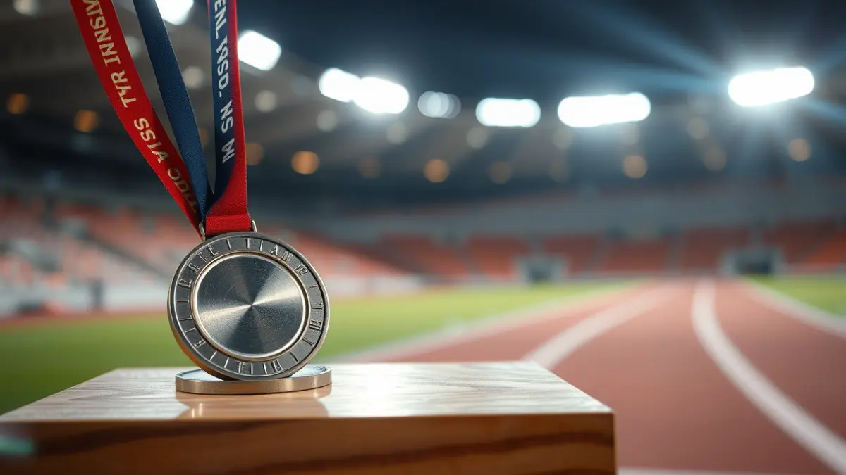 Imatge genèrica de medalles de plata i bronze en un podi, amb una pista d'atletisme desenfocada al fons.