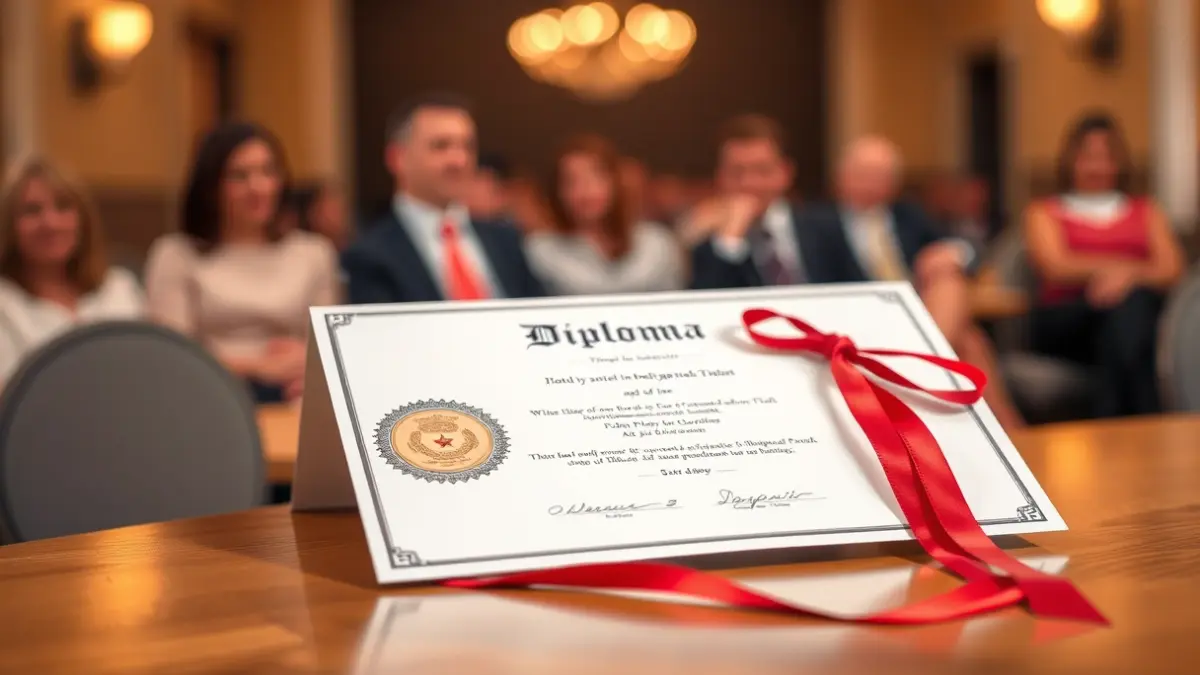 Imatge genèrica d'un diploma amb un llaç roig, sobre una taula de fusta, amb figures borroses de persones al fons.