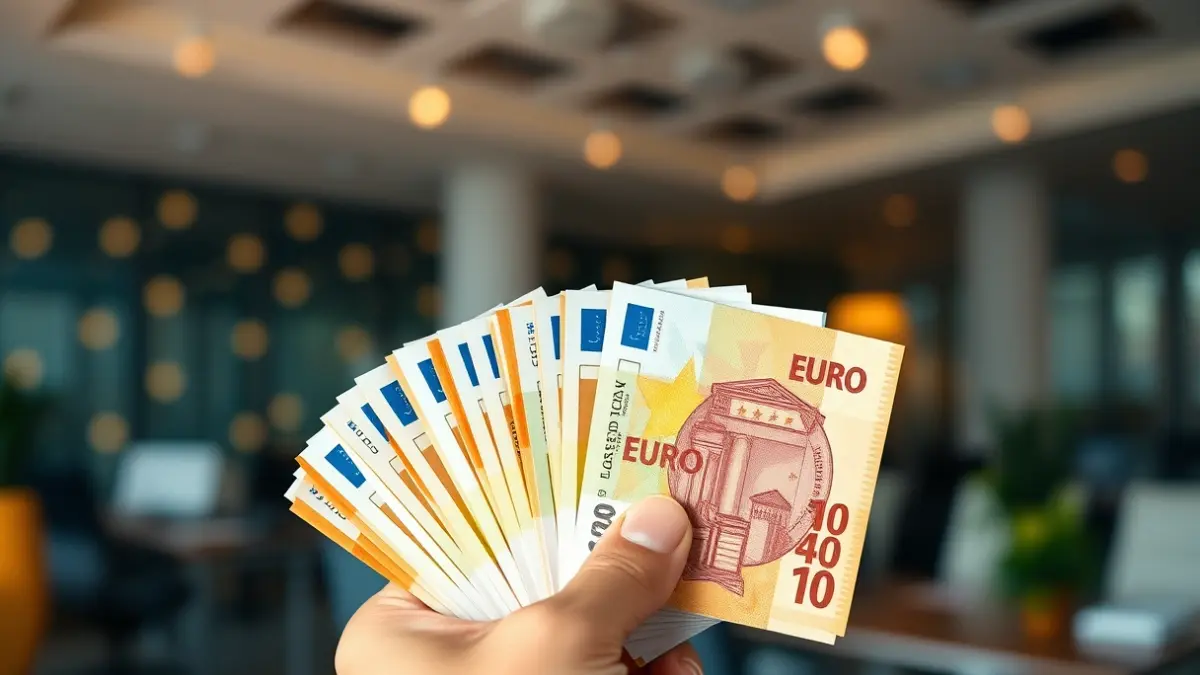 Imatge genèrica d'una mà sostenint bitllets d'euro, amb un fons d'oficina desenfocat, simbolitzant salaris elevats.