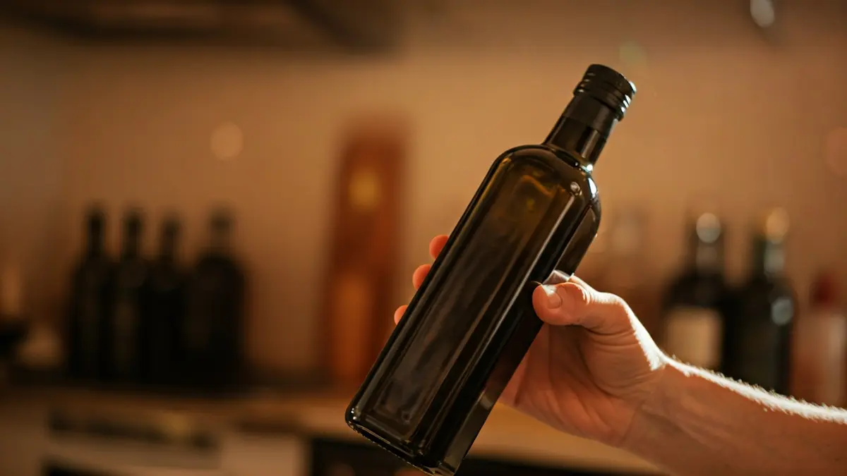 Imagen genérica de una mano sosteniendo una botella de aceite de oliva en una cocina mediterránea.