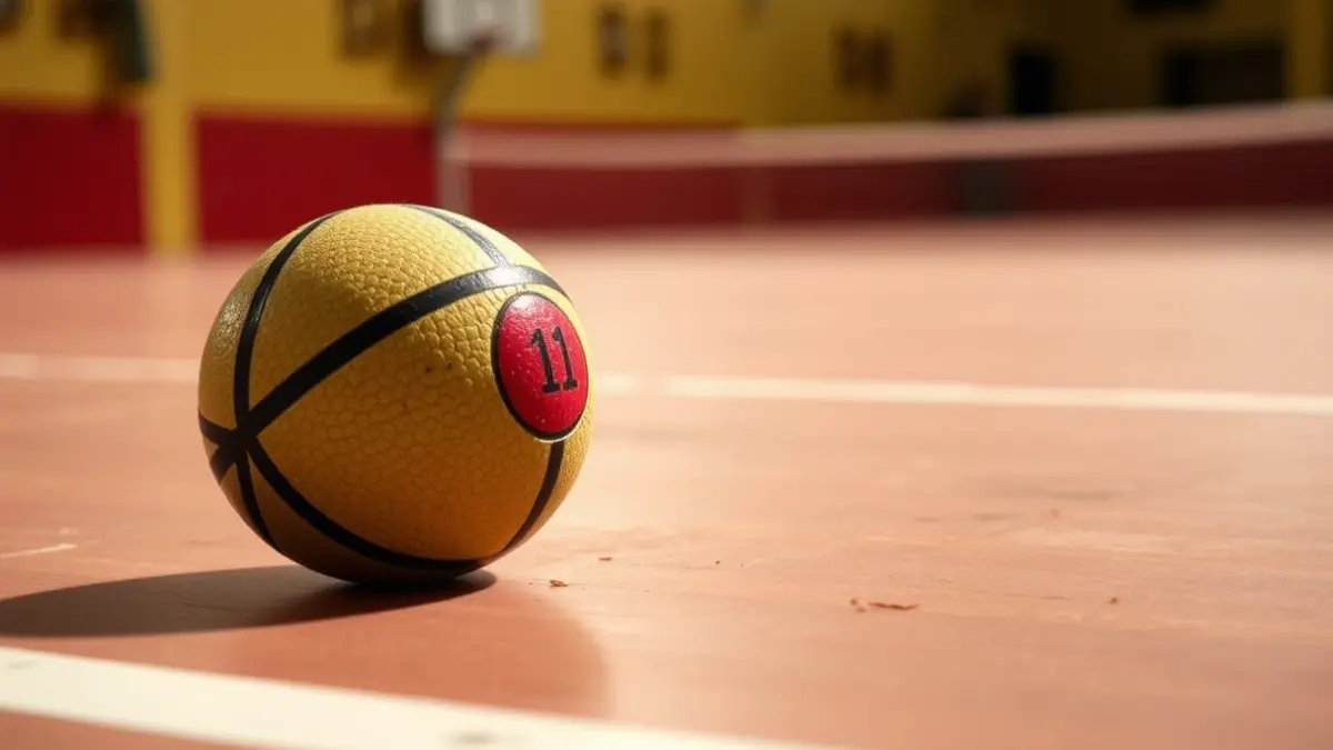 Imatge d'una pilota de vaqueta en un trinquet, amb les línies de joc difuminades al fons.