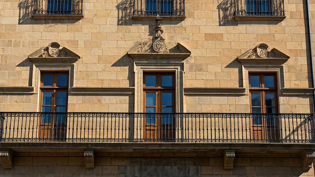Fachada del ayuntamiento de San Antonio de Benagéber con balcón y barandillas de hierro