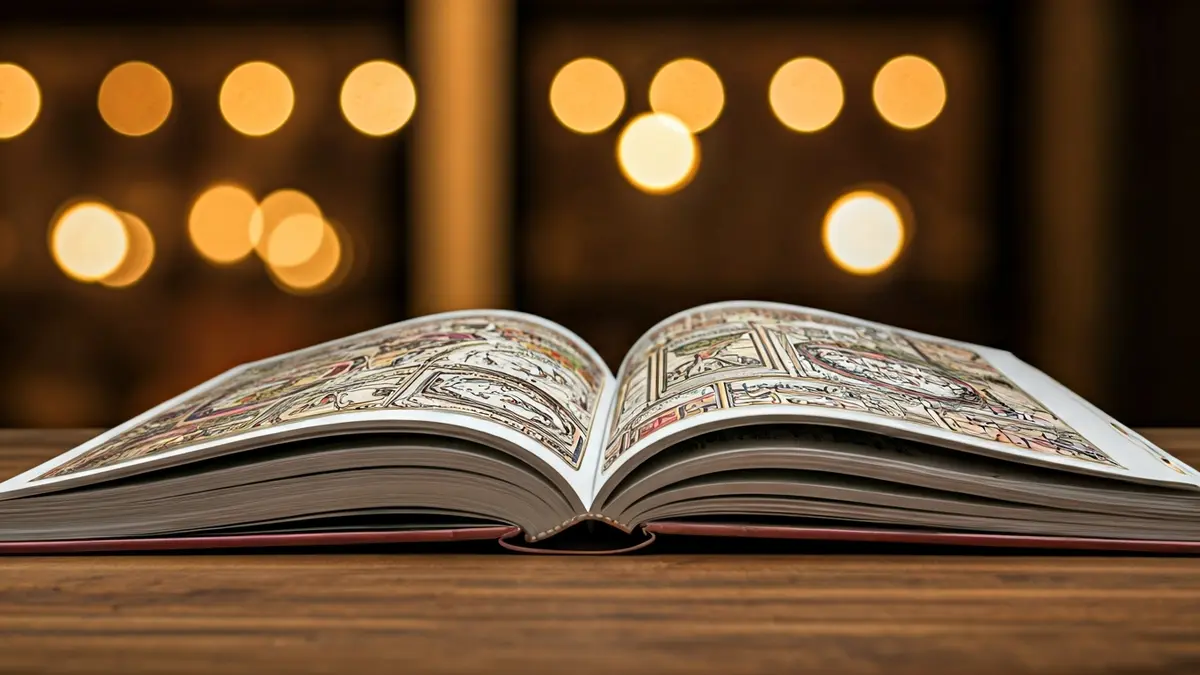 Imatge genèrica d'una novel·la gràfica oberta sobre una taula de fusta.
