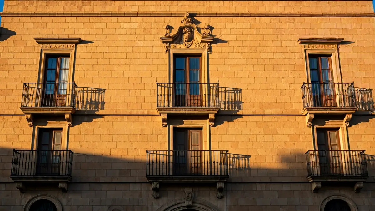Facade of Sant Jordi town hall with balcony and iron railings, bathed in afternoon sunlight.