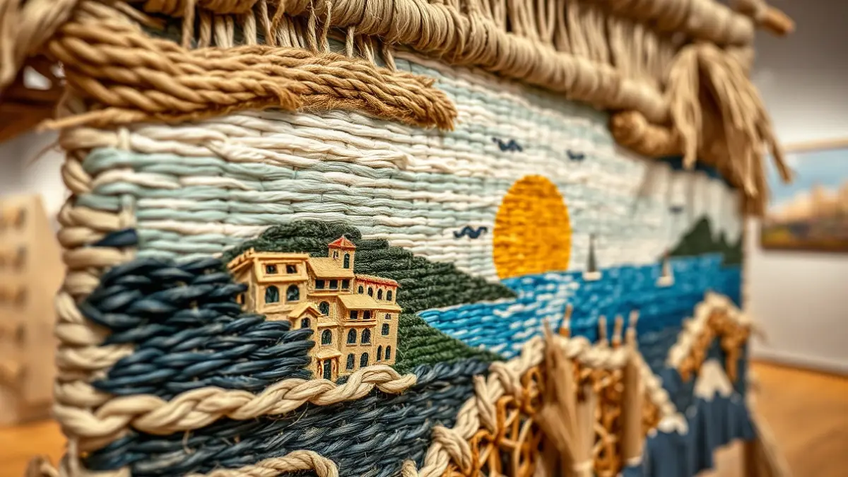 Imatge d'una obra d'art tèxtil que representa el paisatge mediterrani, exposada en una sala de museu.
