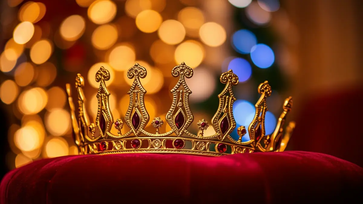 Imatge genèrica d'una corona daurada sobre un coixí de vellut, amb llums festives desenfocades al fons.