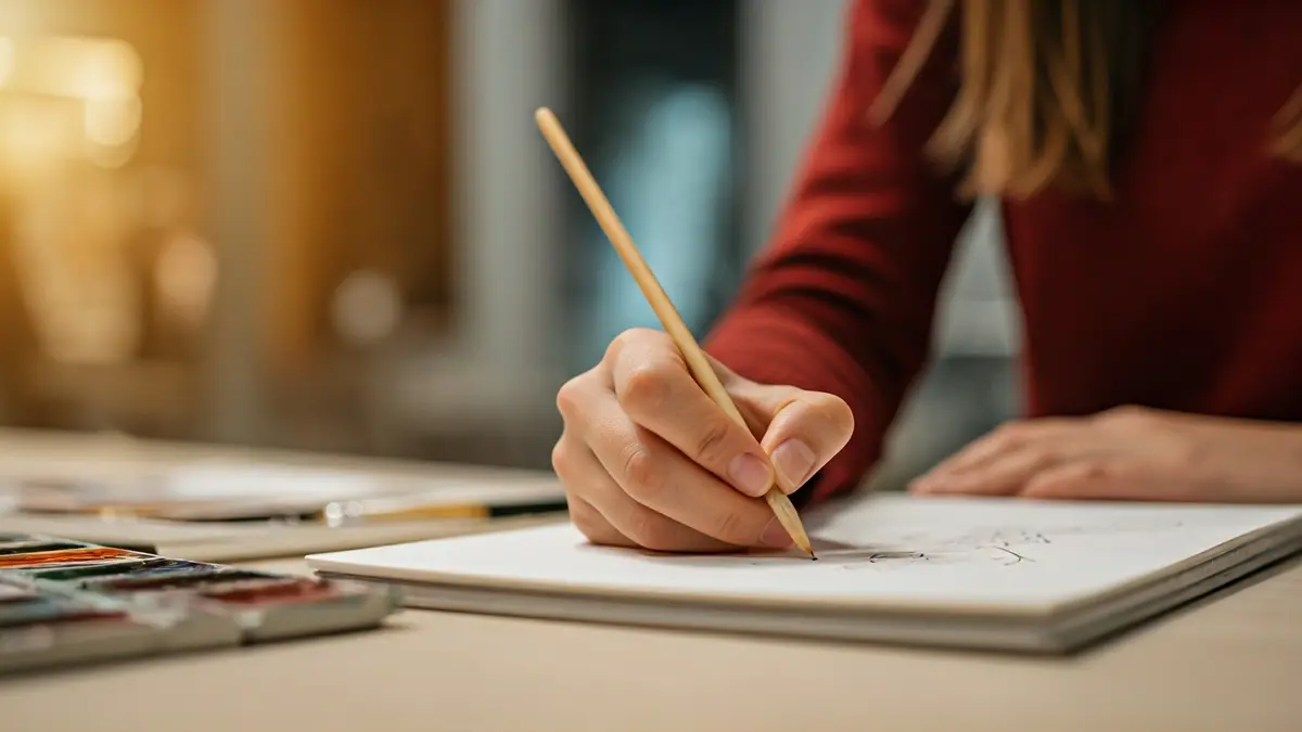 Generic image of hands sketching in a notebook, surrounded by art supplies.