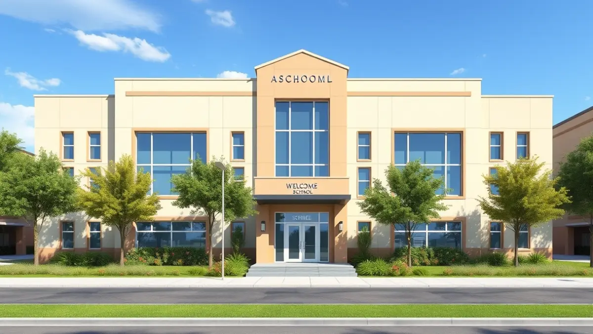 Image of a modern school building with large windows and green surroundings, in a Mediterranean urban setting.