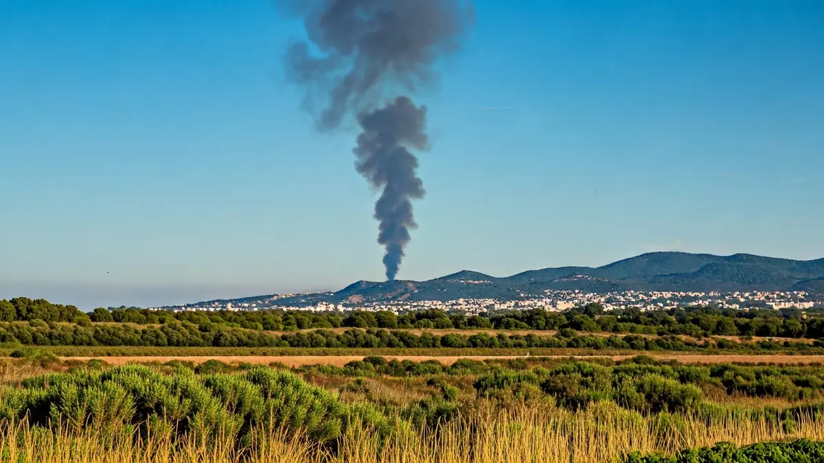Generic image of a grey smoke column rising above a Mediterranean landscape with vegetation and blue sky.