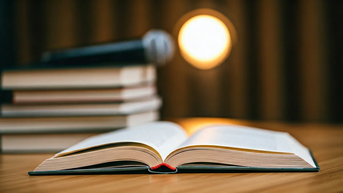 Imatge genèrica d'una pila de llibres en una taula de fusta amb un micròfon al fons, suggerint una presentació o debat.