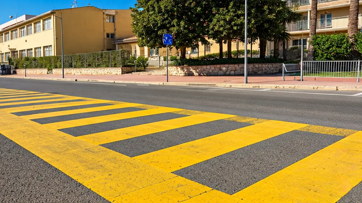 Señalización vial con colores amarillo y blanco en un entorno escolar