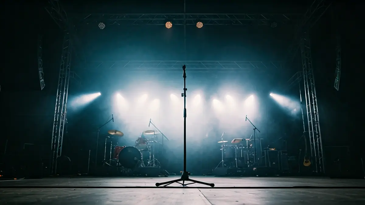 Imatge genèrica d'un escenari de concert amb il·luminació dinàmica i un micròfon buit.