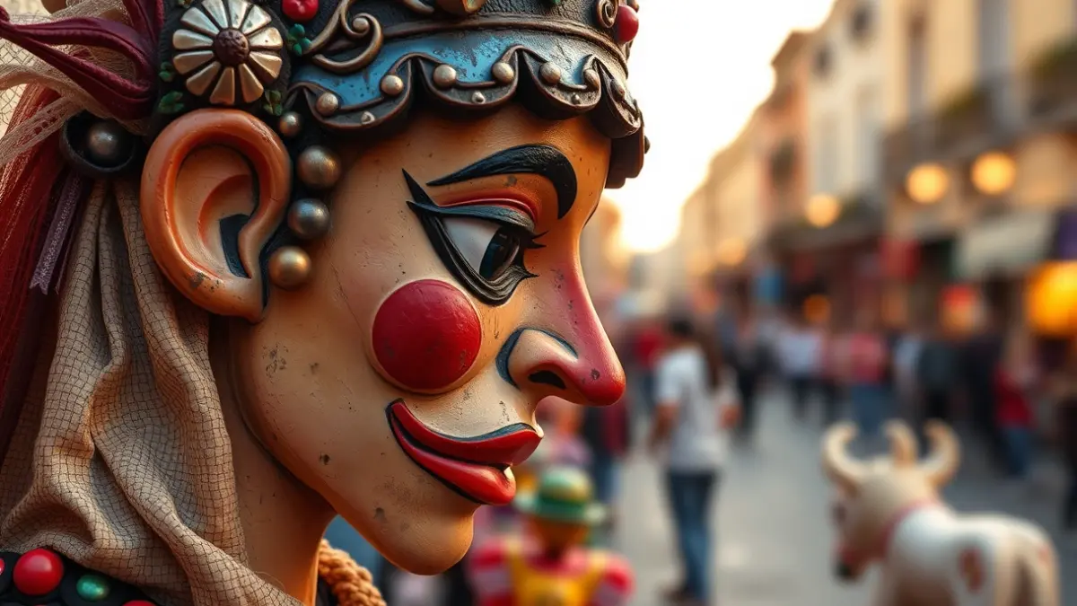 Imagen de una cabeza de ninot de Fallas, con colores vivos y detalles intrincados, en un ambiente festivo.
