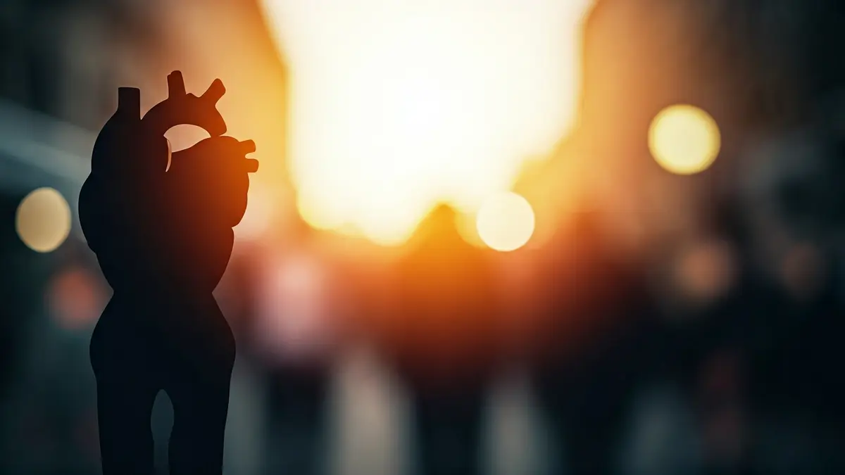 Generic image of a human heart with abstract elements of stress and loneliness in an urban setting.