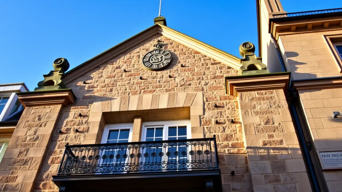 Facade of València City Hall with balcony and iron railings, illuminated by the afternoon sun.