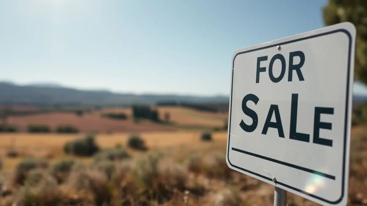 Imagen genérica de un cartel de 'Se vende' en un terreno no urbanizable en un paisaje mediterráneo.