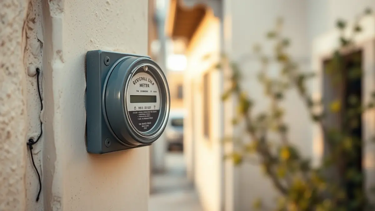 Imagen genérica de un contador eléctrico en una fachada, con una calle mediterránea desenfocada al fondo.