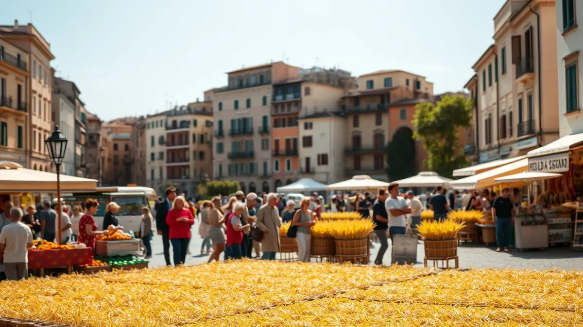 Image of Valencia's City Hall Square during the TastArròs celebration, with people and an urban rice drying area.