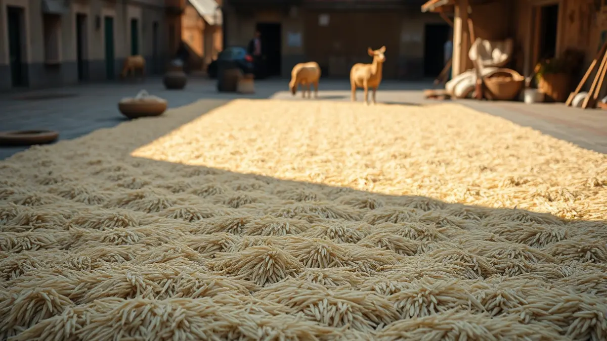 Imatge d'un sequer urbà amb arròs estès en una plaça, amb ferramentes tradicionals i animals.