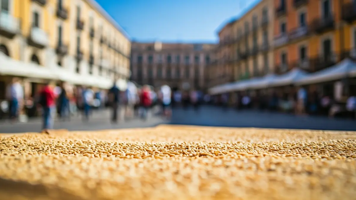 Image of an urban rice drying area in a festive square.