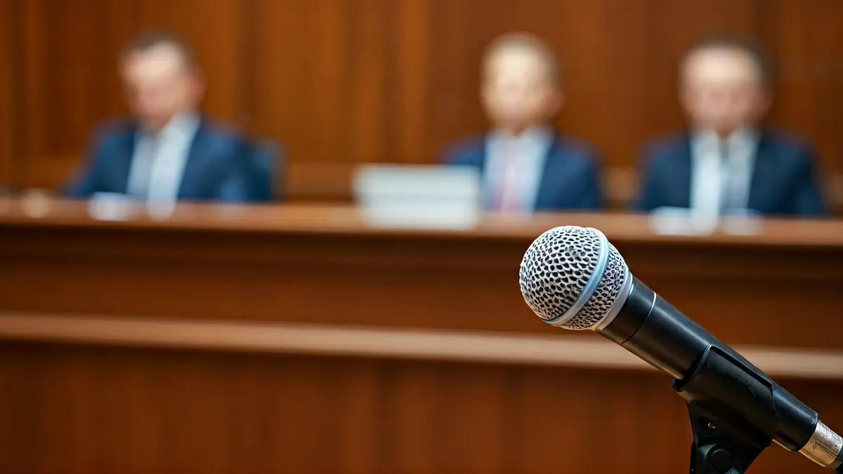 Generic image of a microphone on a podium, representing a legal proceeding.