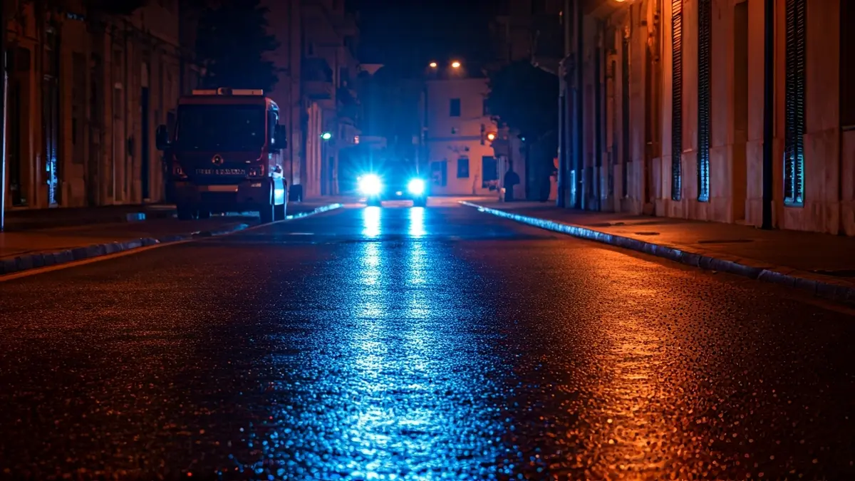 Generic image of emergency lights reflecting on wet asphalt in a Mediterranean urban setting.