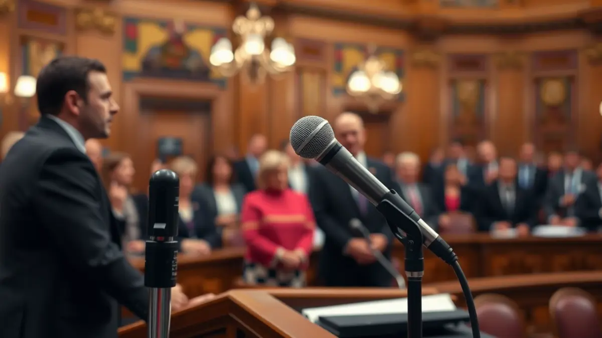 Image of a microphone on a podium during a tense plenary session in a town hall.