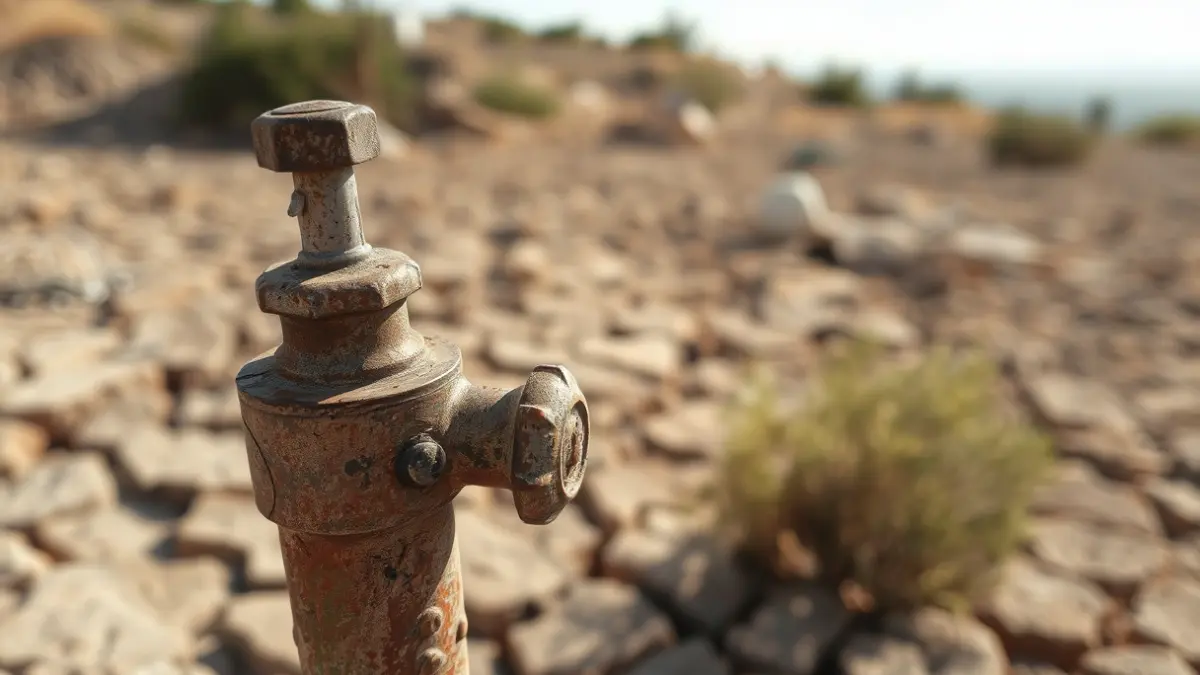 Image of an old, rusty water pump, with dry earth in the background, symbolizing the water dispute in Monte Pego.