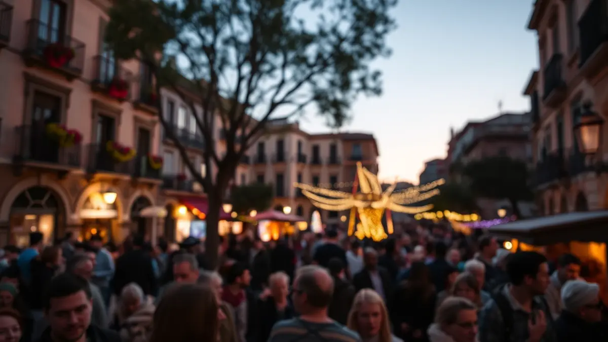 Imatge genèrica d'una plaça de poble valencià durant una festa, amb gent i decoracions.