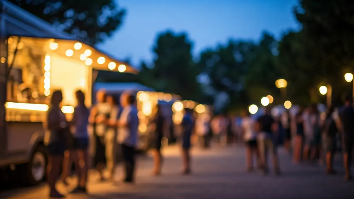 Imatge d'un festival de menjar a l'aire lliure amb food trucks i gent gaudint d'hamburgueses.