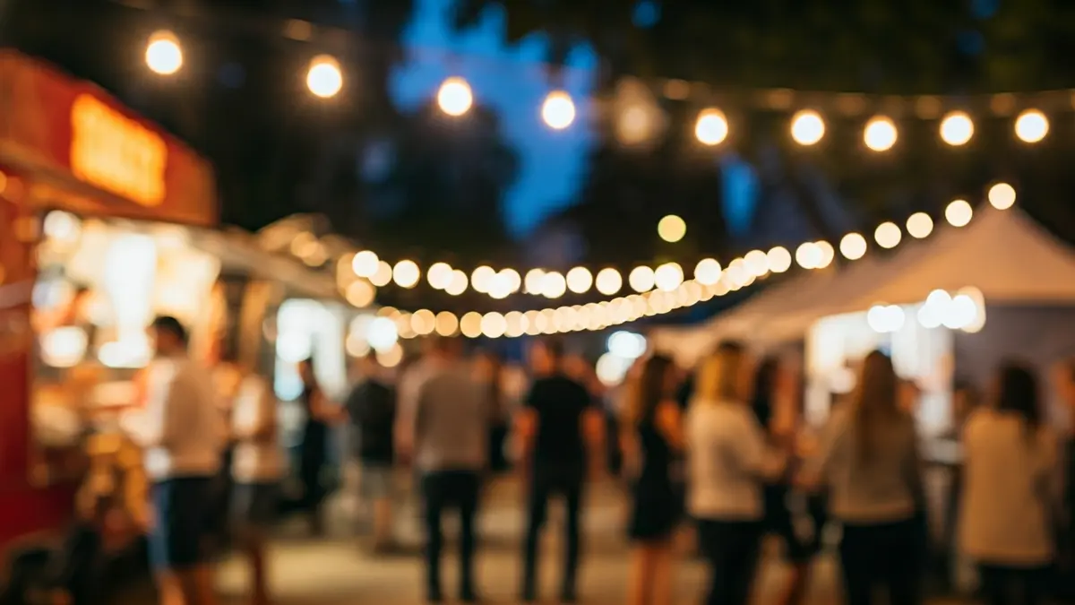 Imagen de un festival de comida al aire libre con food trucks y gente disfrutando de hamburguesas.