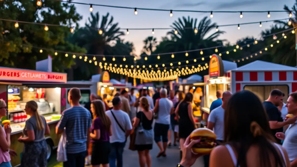 Imagen de un festival gastronómico al aire libre con food trucks y gente disfrutando de hamburguesas gourmet.