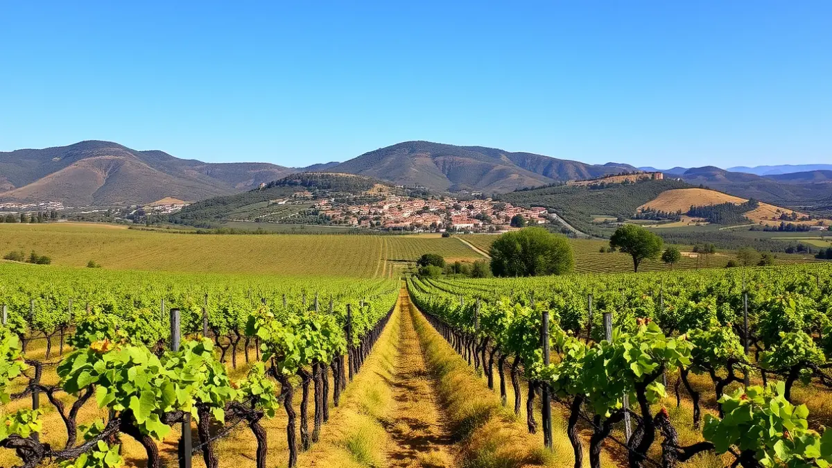 Image of vineyards in the Plana de Utiel-Requena region, with a village in the background.