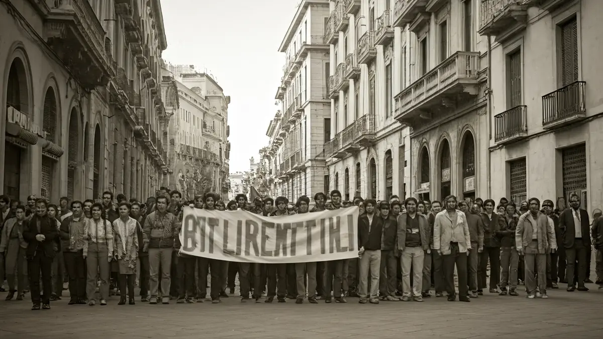 Image of a political demonstration on Xàtiva street in Valencia in 1977, with a banner from Elx for autonomy.