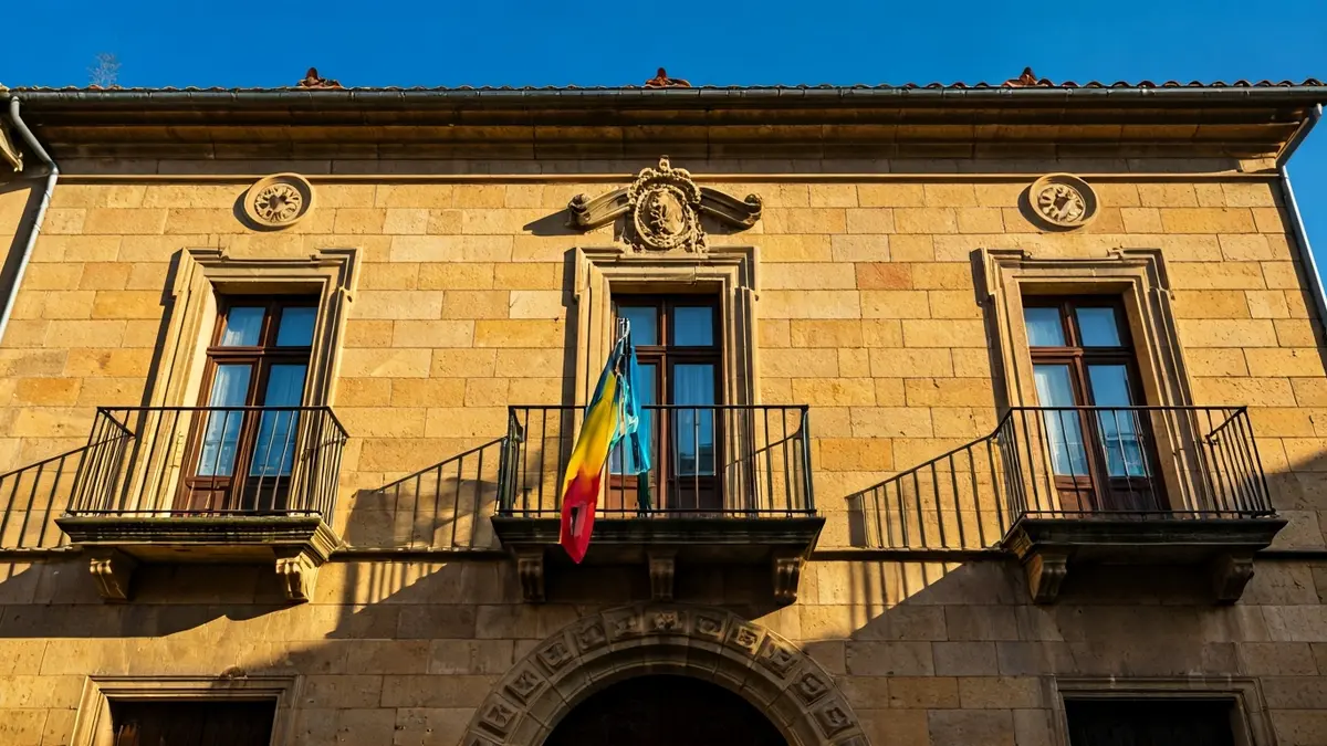 Façana de l'ajuntament de Torreblanca amb balcons de ferro forjat sota la llum del sol.