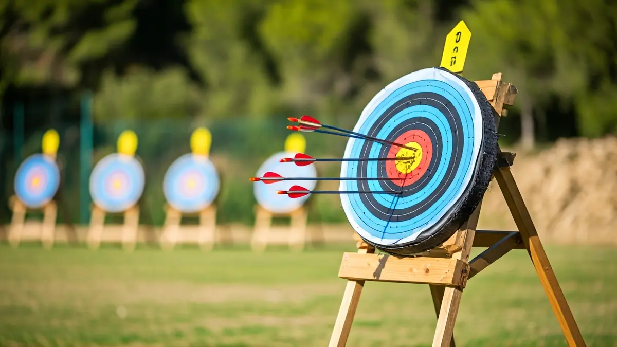 Generic image of an archery target with arrows, in an outdoor field.