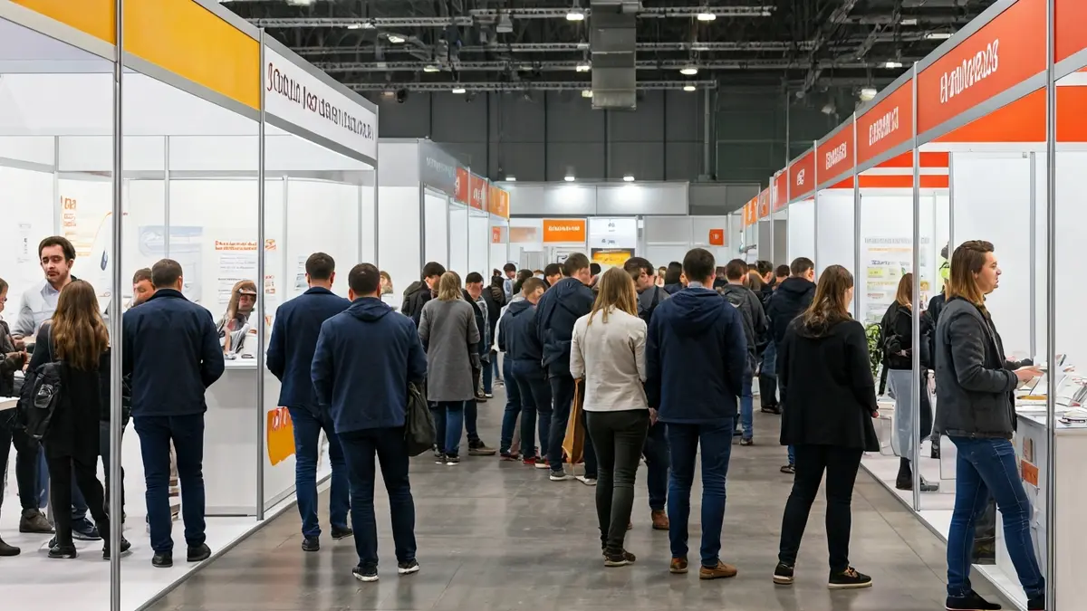 Imatge genèrica d'una fira de formació professional amb estands i persones interactuant.
