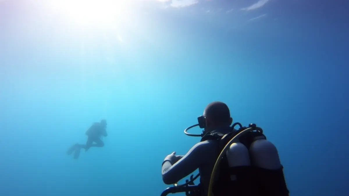 Generic image of a person practicing adaptive diving in a pool, with specialized equipment.