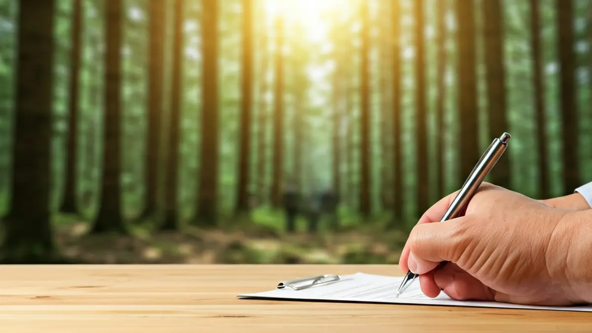 Imatge d'una mà firmant un document, amb un fons boscós desenfocat, simbolitzant la protecció ambiental.