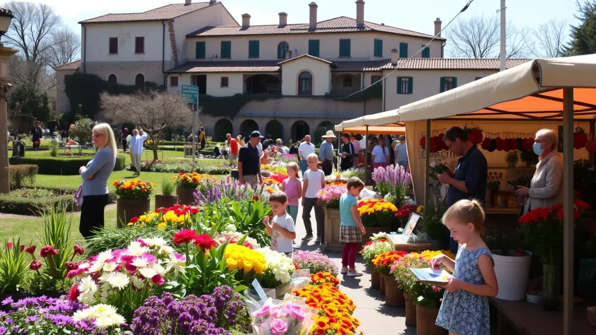 Image of a spring festival in a historic garden with flowers, plants, and family activities.