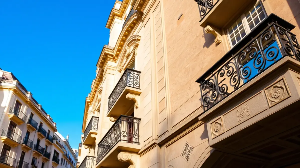 Image of a modernist facade with architectural details and wrought iron balconies in a Mediterranean city.
