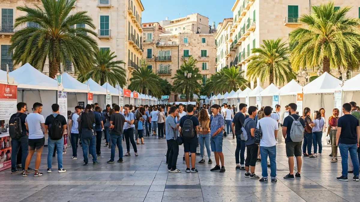 Image of a job fair in a main square, with stands and young people interacting.