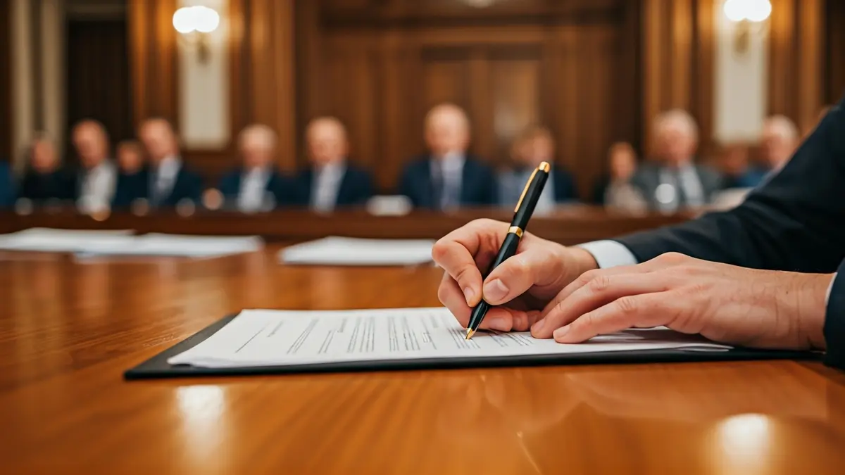 Imatge genèrica de mans signant un document en una taula, representant una reunió governamental.