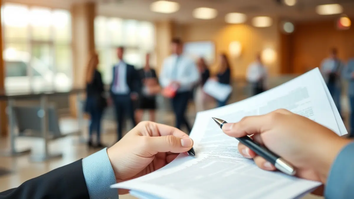 Generic image of hands handling documents in a public office.